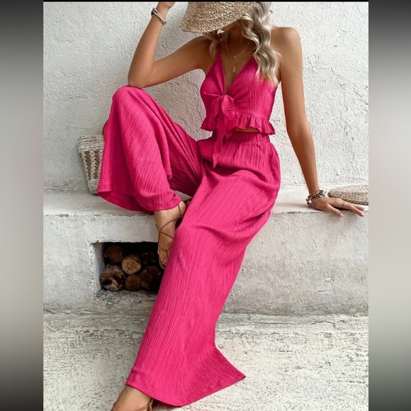 47) 2 piece Pink Women's Jumpsuit NEW size XL pink wide leg women’s boho chic - Picture 2 of 10